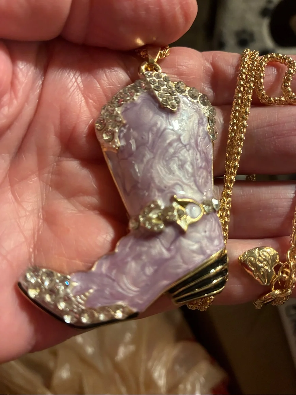 Lavender Cowboy Boot Pendant Necklace - Gold Tone